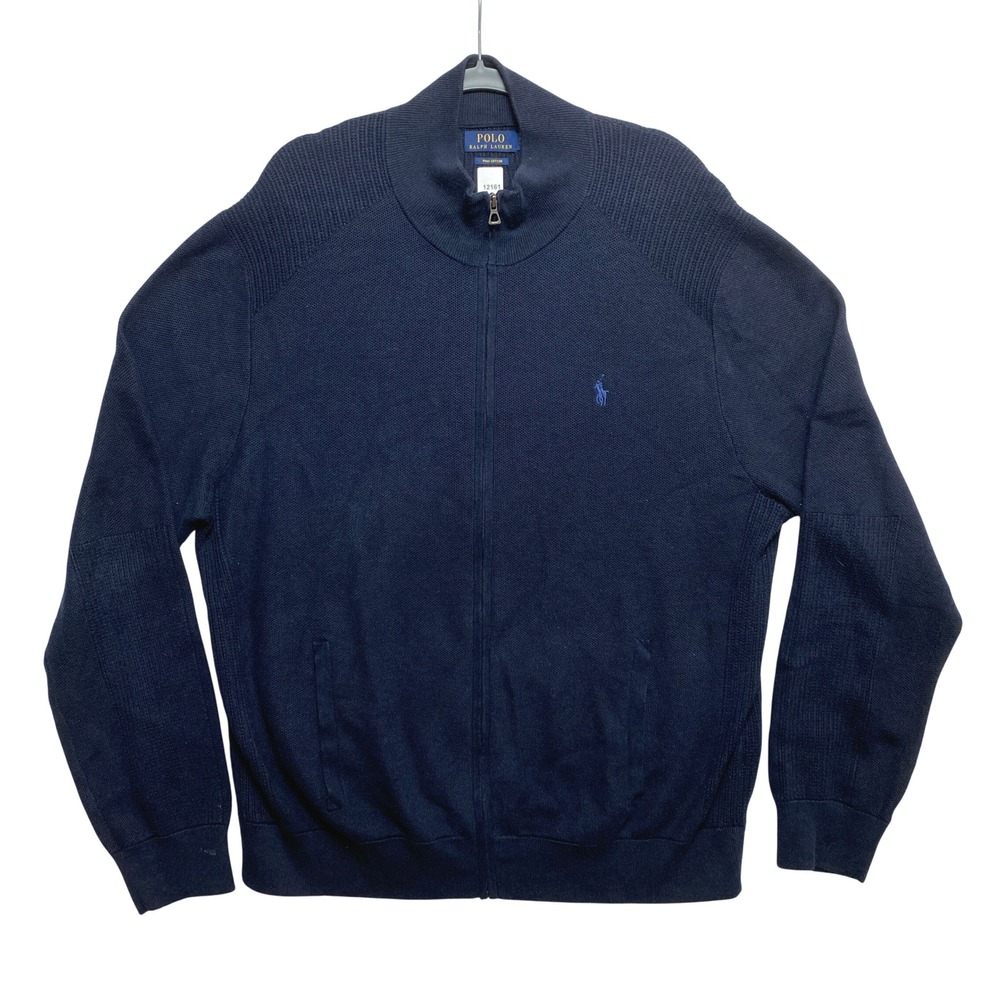 Polo Ralph Lauren Full Zip Sweater Mens XXL Navy Blue Pima Cotton Mock Neck Logo